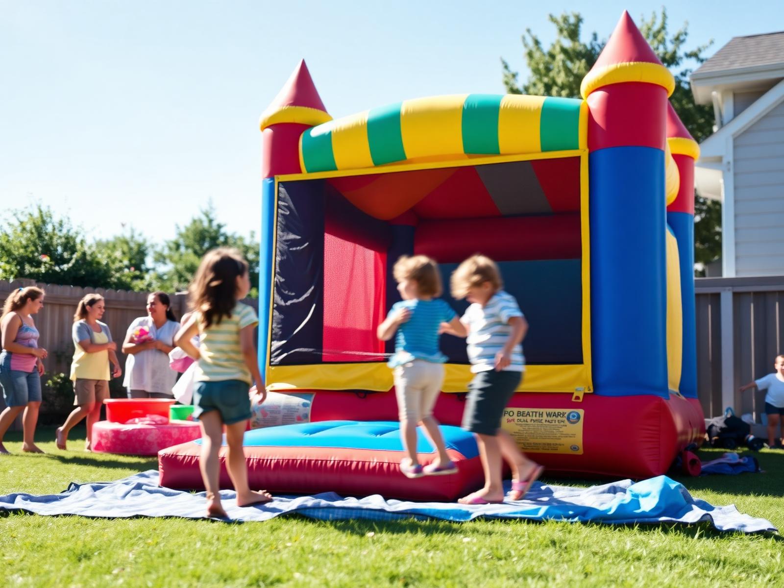Colorful bounce house set up in a sunny backyard event