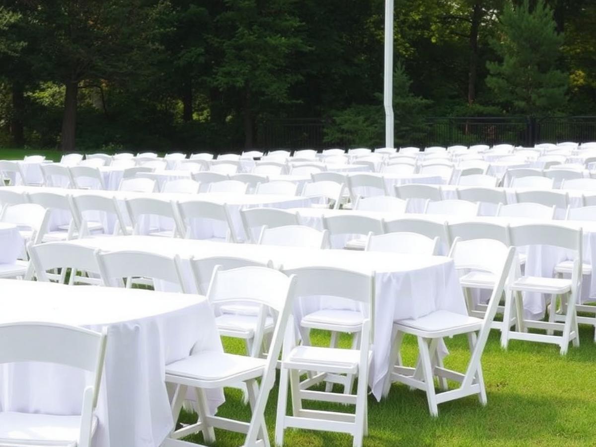 Rows of white folding chairs and tables set up outdoors